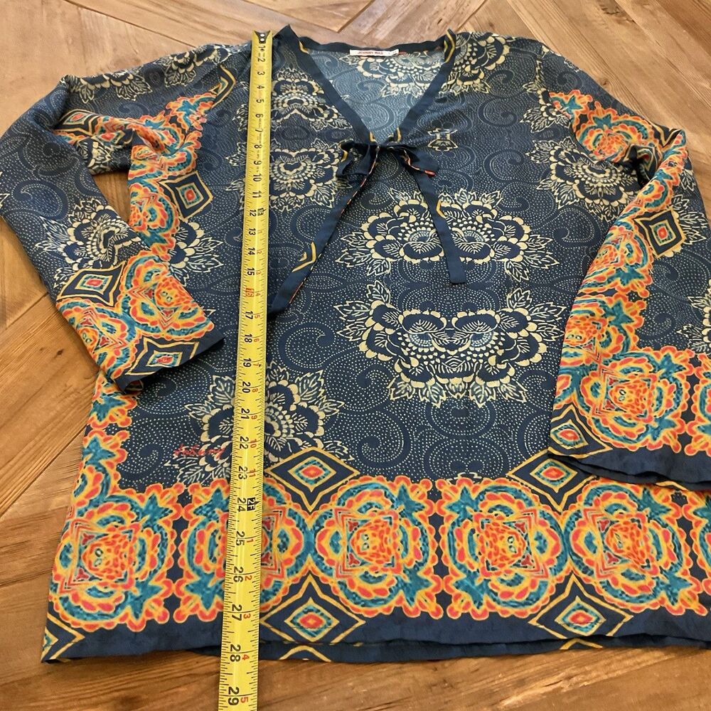 Johnny Was Navy Multicolor Silk Boho Tunic Blouse Tie Front Long Sleeve‎ Small - Picture 7 of 7